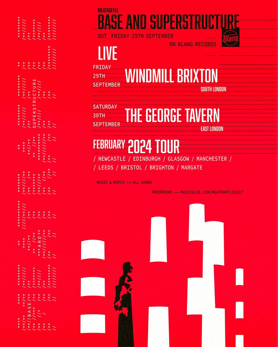 πΈπππππππππ (@meatraffle1917) on Twitter photo Tickets now on sale for <a href="/windmillbrixton/">Windmill Brixton</a> and @thegeorgetavern shows with special price for both shows via musicglue.com/meatrβ¦
Base and Superstructure - The 3rd studio album from Meatraffle is out Friday 29th September on @blang_records available to preorder today Tickets now on sale for <a href="/windmillbrixton/">Windmill Brixton</a> and @thegeorgetavern shows with special price for both shows via musicglue.com/meatrβ¦
Base and Superstructure - The 3rd studio album from Meatraffle is out Friday 29th September on @blang_records available to preorder today