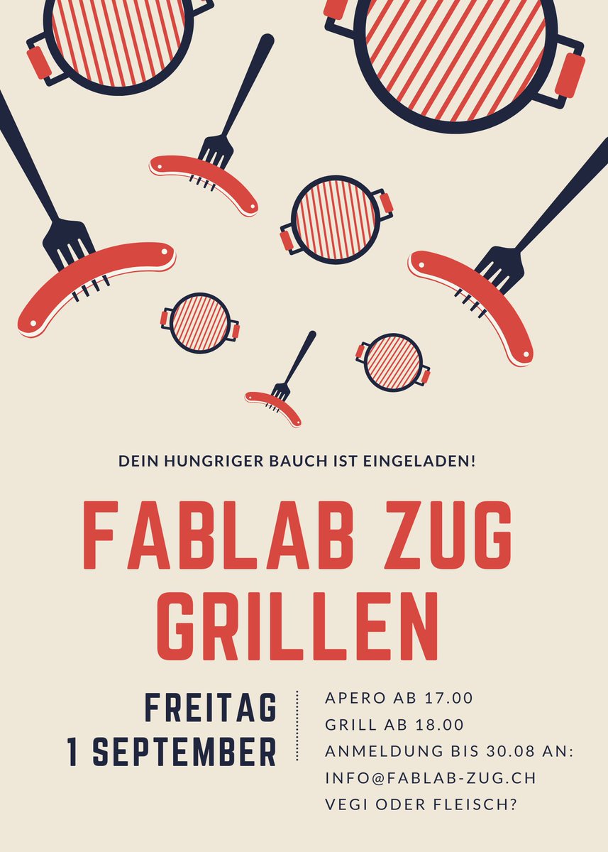 Einladung zum Grillieren am 1.September. Das FABLAB Zug hat sich neu aufgestellt. Wollt ihr wissen wer das ist und was es Neues gibt? Kommt in das innovativste vibrierende Quartier, das Zug zu bieten hat für ein paar Gespräche, Würste und kühle Getränke.  
#ChunschAu #StadtZug