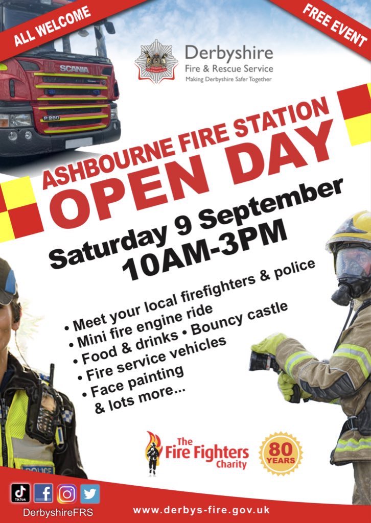 AshbourneStn's tweet photo. Save the date! 🔔‼️‼️🔔

Ashbourne Open day Saturday 9th September 10am- 3pm 👩🏼‍🚒🧑🏽‍🚒👨🏻‍🚒

🔥 Meet your local Firefighters 
🔥 Mini Fire engine ride 🚒
🔥 Hook a duck 🦆
🔥 Special fire appliances 🚒
🔥 Face painting 
🔥 Ice cream, food &amp; drinks 🍦☕️

…and lots more! 
@DerbyshireFRS https://t.co/GtG7p7KCRY