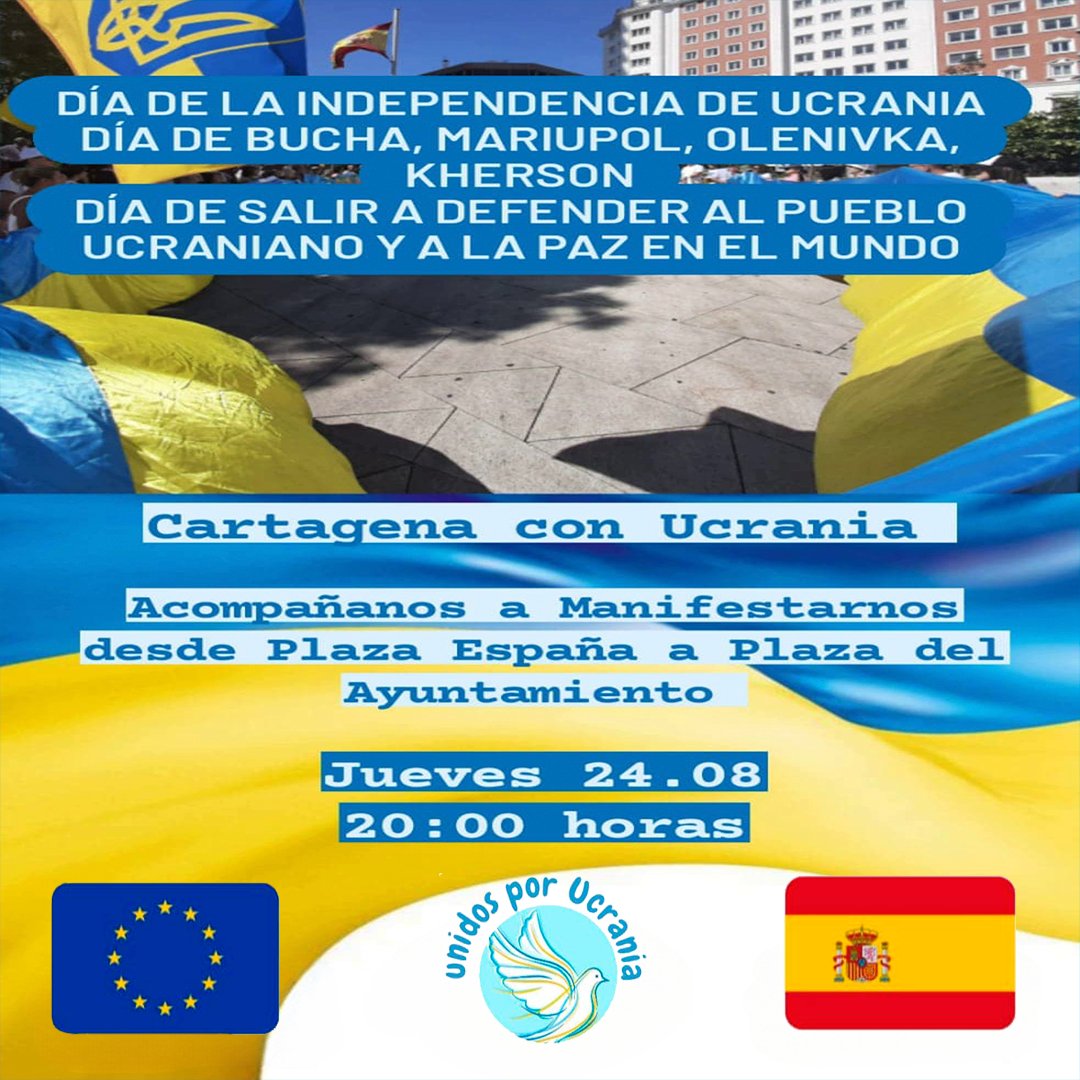 avvpsa's tweet photo. Día de la independencia de Ucrania, 24 agosto a las 20h Plaza de España
Os esperamos a todos en apoyo al pueblo Ucraniano cuando más lo necesitan
#poligonosantaanacartagena #construyendobarrio #avvpoligonosantaana #clubmayoresmayorazgo #todosconUcrania #UnidosporUcrania #FAVCAC https://t.co/H8J05ncx8M