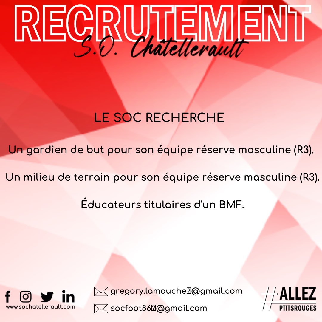 SOChatellerault's tweet photo. [ CLUB ] 🔴⚪️

N’hésitez plus ! Envoyez nous votre candidature ! 

🔴⚪️ #AllezPtitsRouges #SOC #Football #VilledeChâtellerault #DistrictdelaVienne #LigueNouvelleAquitaine https://t.co/Ljg8eG9Mhv