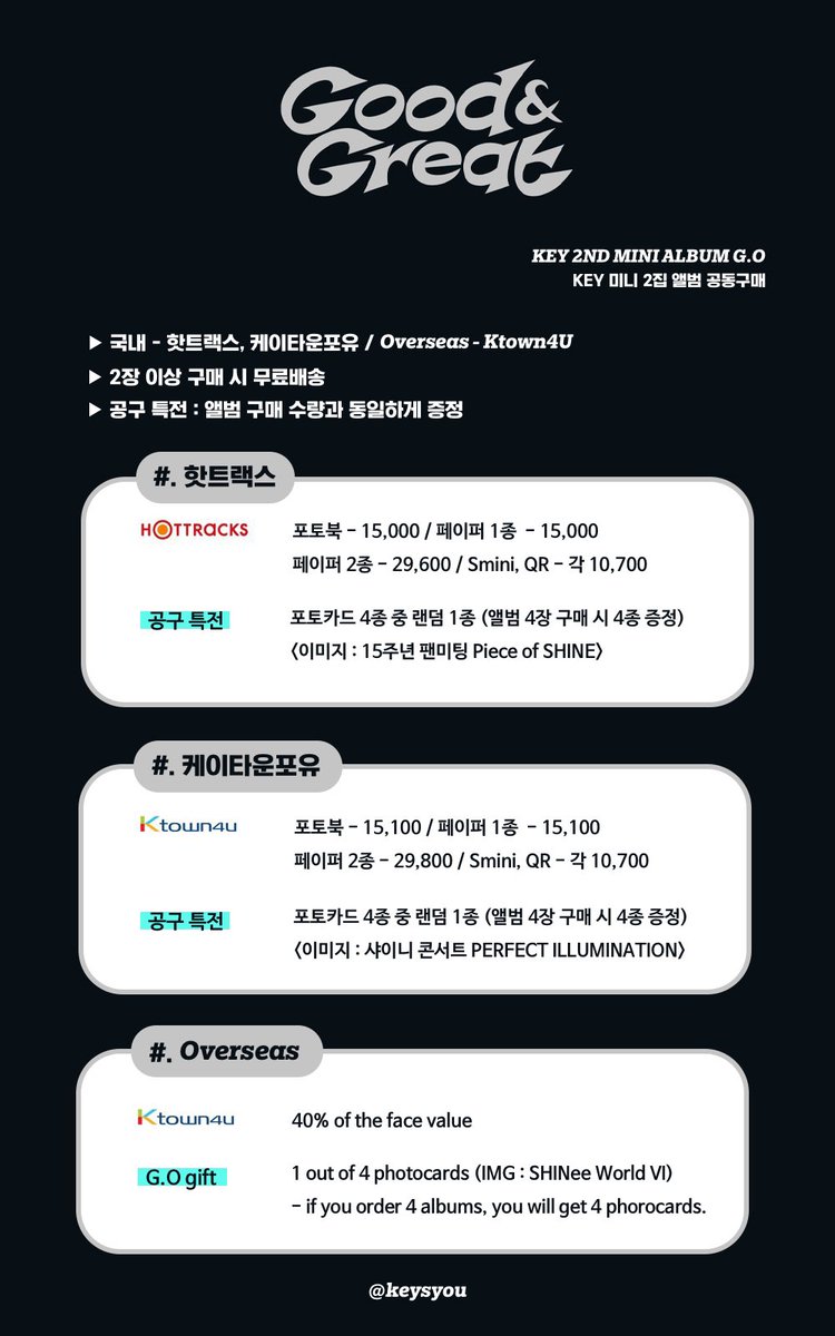 keysyou's tweet photo. ➖💿📀
KEY 키 The 2nd mini Album 𝙂𝙤𝙤𝙙 &amp; 𝙂𝙧𝙚𝙖𝙩
공동구매 G.O

▪️1차 기간 : ~ 9/10 까지
▪️2차 공구는 추후 공지

📕 핫트_ https://t.co/GKWQ3jQ98G
📗 케타_ https://t.co/W8wgYrDPiU

📙 JP_ https://t.co/nCN41oWjDq
📘 Overseas_ https://t.co/N8jH7A9v37 https://t.co/0KAH361FN3