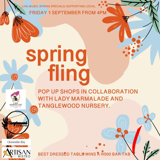 Book your seat at Artisan Bistro for their Spring Fling, and enjoy superb food, live music and prizes! Best dressed table wins a R500 bar tab! CHEERS!

#MidlandsMeander #SpringFling #ArtisanBistro #Food #LiveMusic