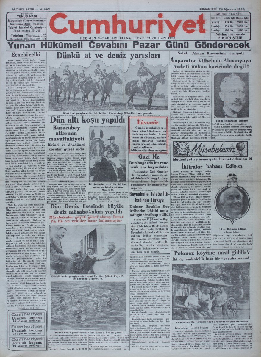 takvimdeogun's tweet image. 🗞️Takvimler 24 Ağustos 1929'u gösterdiğinde Cumhuriyet gazetesinin birinci sayfası.
