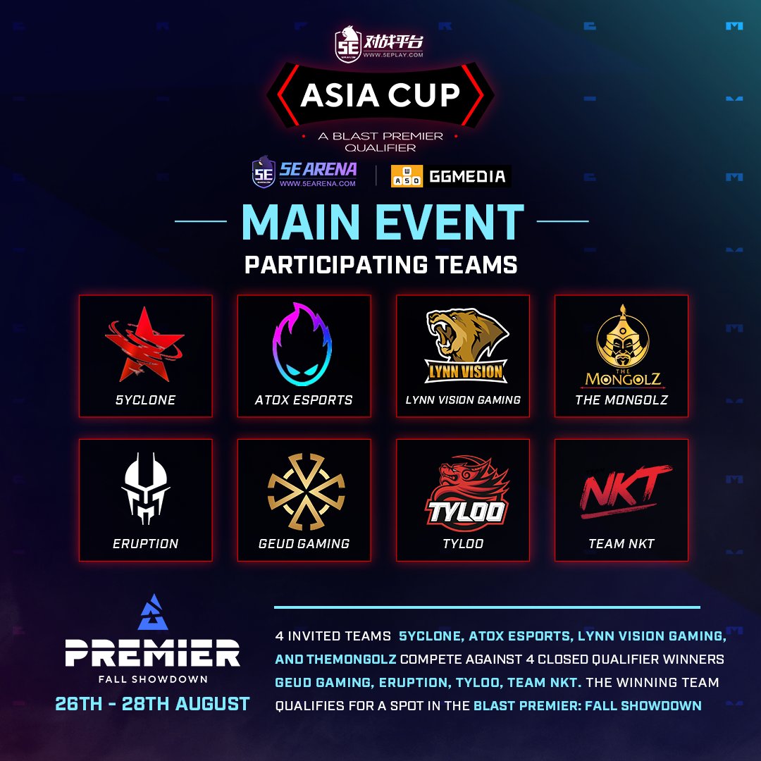 The final gauntlet awaits. The 5E Asia Cup is upon us! 🏆

One last challenge awaits these 8 teams as they battle for a spot in the BLAST Premier Fall Showdown! 🏔️

Keep your eyes peeled! We'll announce the Groups soon! ⚔️

#5earena #csgo #blastpremier
