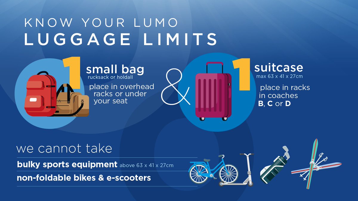 Bank holiday plans? Please note that LUGGAGE/GOLF CLUBS/BULKY ITEMS over 63 x 41 x 27cm will be refused onboard. We only accept foldable bikes with max. 20-inch wheel. E-scooters and non-foldable bikes are not permitted. See our policy for more details: lumo.co.uk/luggage-policy