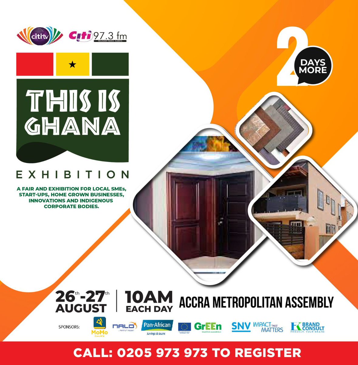 The countdown for the This Is Ghana exhibition 2023 is on! 2 days more to go! Don’t miss this 2-day opportunity to promote your Made-In-Ghana products, services, innovations and more. Register your company and pay to be a part of it.
#ThisIsGhana