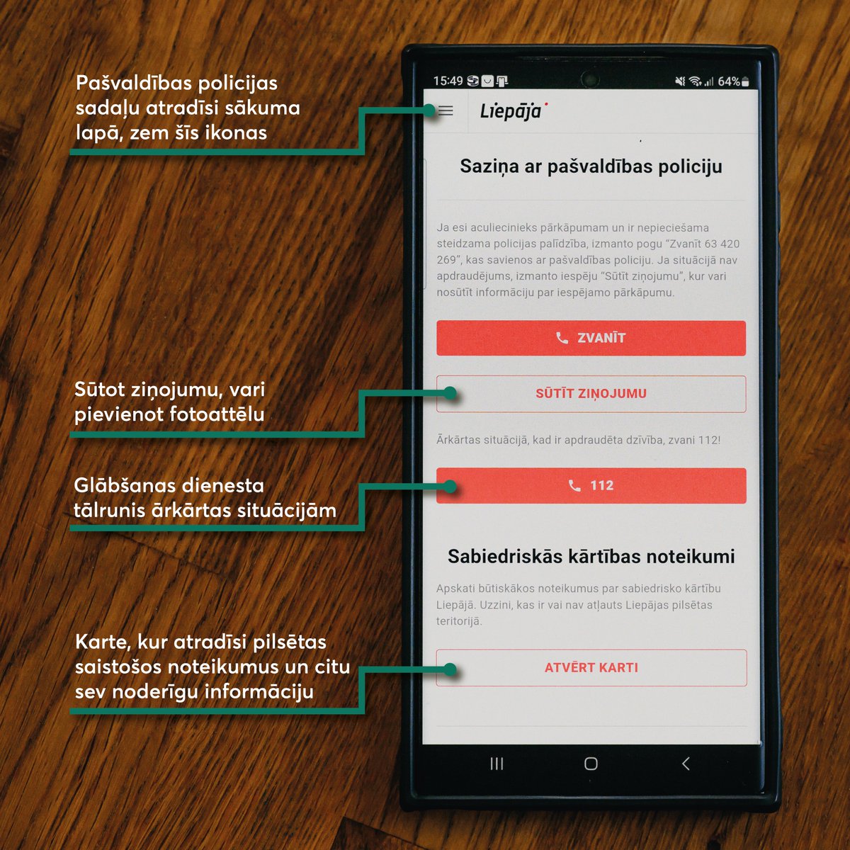 Aplikācija "Liepājas pilsēta" ir papildināta ar Liepājas pilsētas Pašvaldības policijas sadaļu. Tagad ir iespējams: ☎️zvanīt pašvaldības policijai 📩sūtīt ziņu un pievienot fotoattēlu 📢ērta pieeja sabiedriskās kārtības noteikumu kartei.