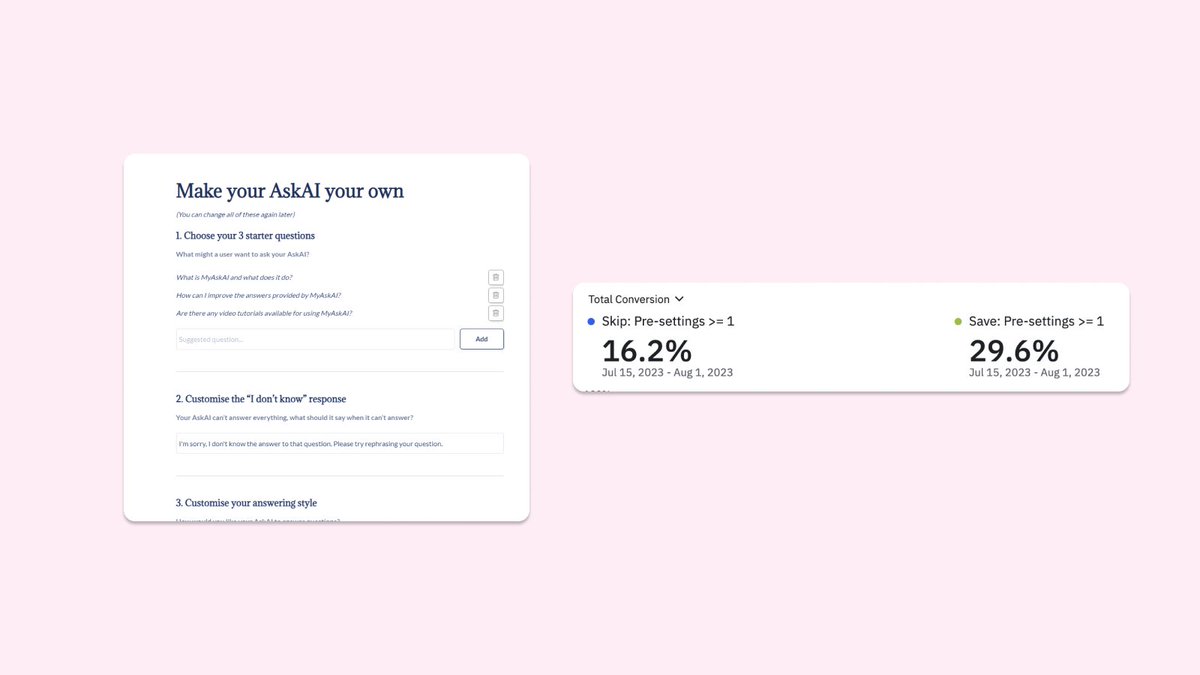 mike_heap_'s tweet photo. We used the "Ikea effect" to increase conversion by 82%.

Here's why and how.

The Ikea effect is a "cognitive bias in which consumers place a disproportionately high value on products they partially created".

We wanted to do 2 things in our product:

1. Increase conversion (getting users to ask more questions on their 1st use)

2. Educate them about some of the customisations that were available.

We thought:

"What if we made the user do a little more work to personalise their AskAI before we show it to them, making them feel like it is theirs?"

So we added a simple (skippable) screen we called "Pre-settings".

This screen has a subset of our customisations, but the ones that will make the AskAI most usable if the user wanted to share it.

After tracking it for 2 weeks, we found that users who completed the screen were almost twice as likely to reach our question target as those who didn't.

Now the data isn't perfect, and it isn't exactly causal (the users who completed it could already have been higher intent).

But as data is never perfect, we are taking it as a pretty strong signal!

Are there ways you can make your users feel they have "built" more of your product?