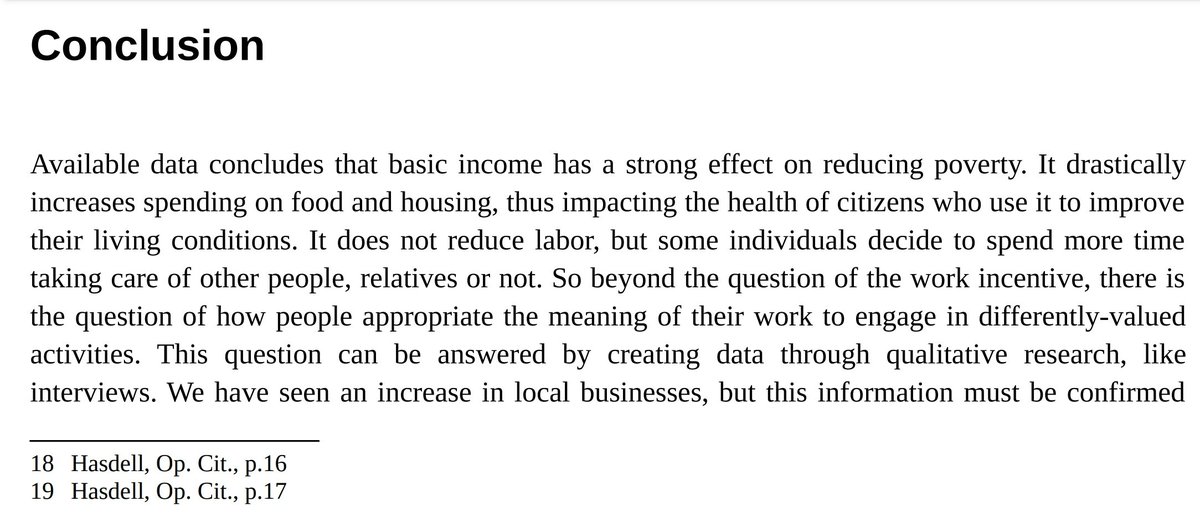 scottsantens's tweet photo. "Available data concludes that #BasicIncome has a strong effect on reducing poverty. It drastically increases spending on food and housing, thus impacting the health of citizens who use it to improve their living conditions. It does not reduce labor, but some individuals decide to spend more time taking care of other people, relatives or not."