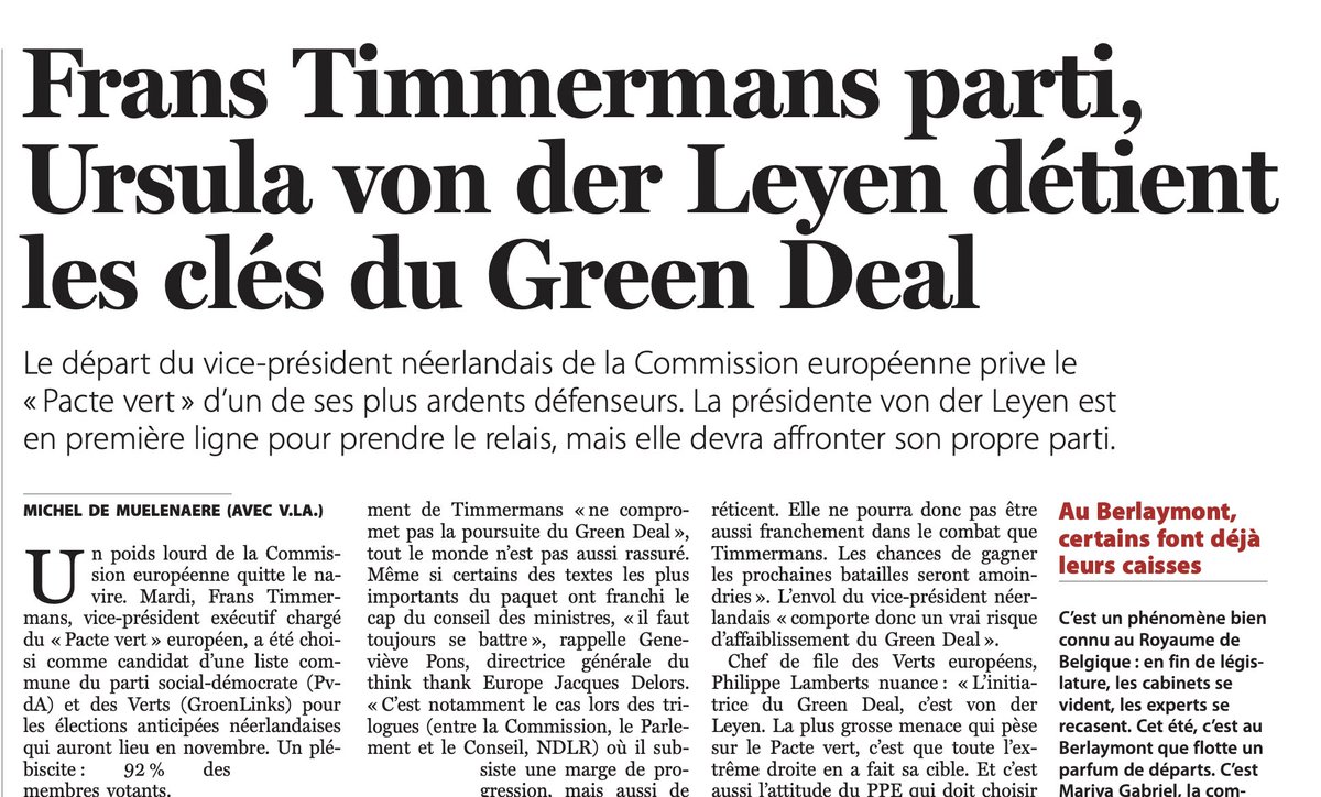 👉 Quel avenir pour le #EUGreenDeal après le départ de @TimmermansEU ? 🗣️Réaction de @genevieve_pons 🗞️@lesoir: lesoir.be/532583/article… « #Timmermans n’a jamais hésité à se battre. C’est un combattant qui s’en va. Dommage ». #GreenDeal #EuropeanUnion
