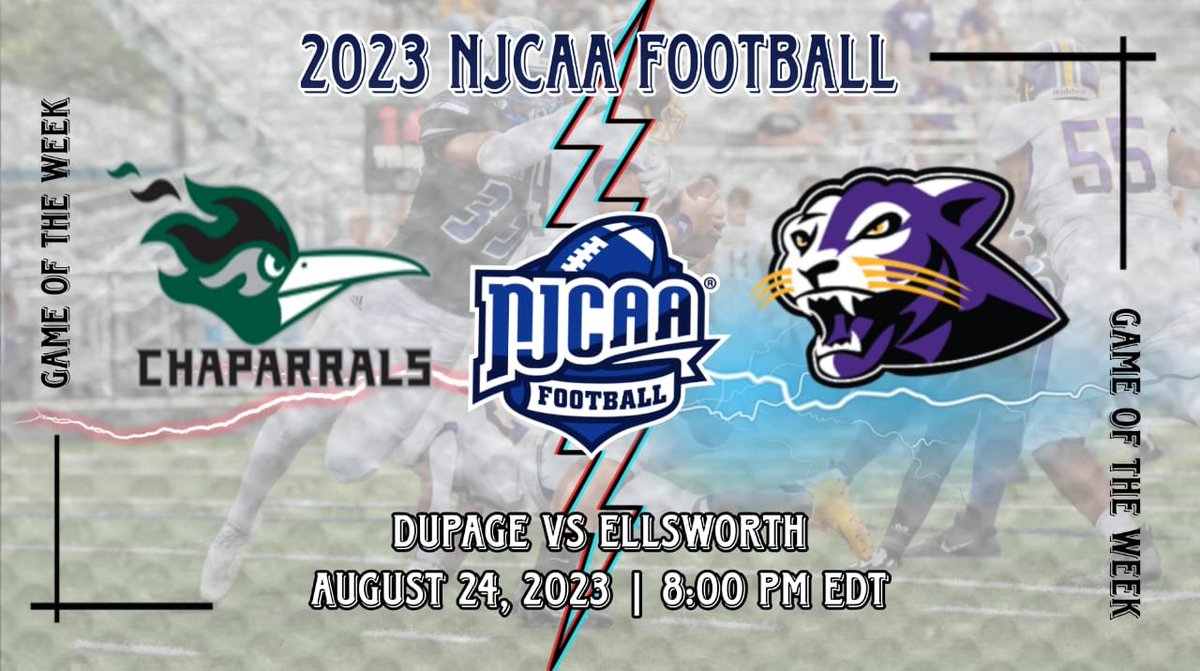 JUCOFrrenzy's tweet photo. It's Game Day!!
NJCAA Football is back!🏈
DuPage vs. Ellsworth
August 24, 2023 | 8:00 PM
🔗: https://t.co/g2hk9VFKzk 
@EllsworthFTBALL @CoachHarperECC @josephjhumphrey @mpdub18 @TreRoldan @CoachKVaught @Jahlennn @Mykell03 
#NJCAAFootball https://t.co/xPt51nfTEE