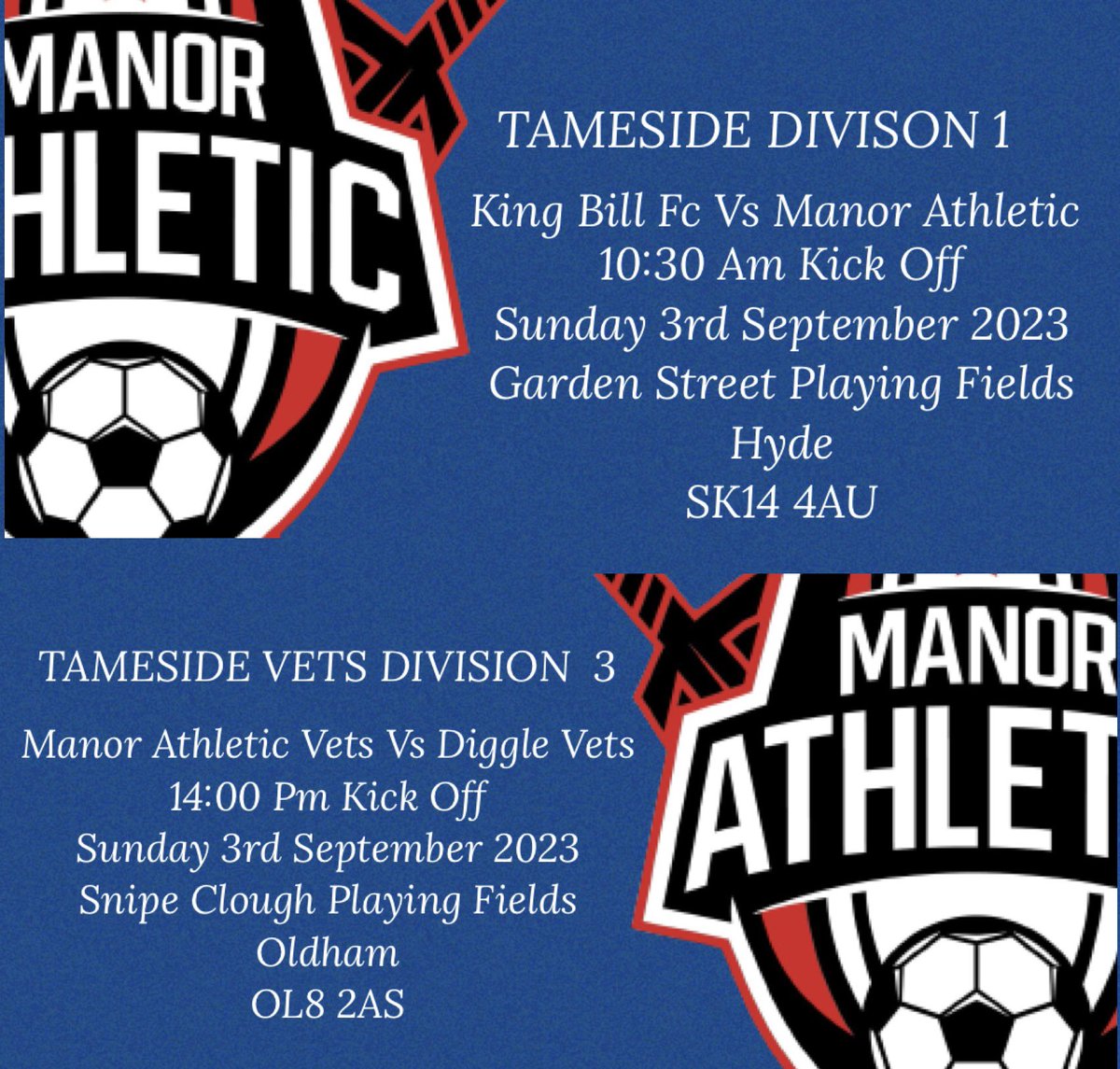 NEXT WEEK💥

We are pleased to announce we have a new vets team

now you can watch two manor games every sunday 

Please get down and show your support 
As the manor athletic 1st team will start life in the top division and vets start there new journey in divison 3 

#UTFM
