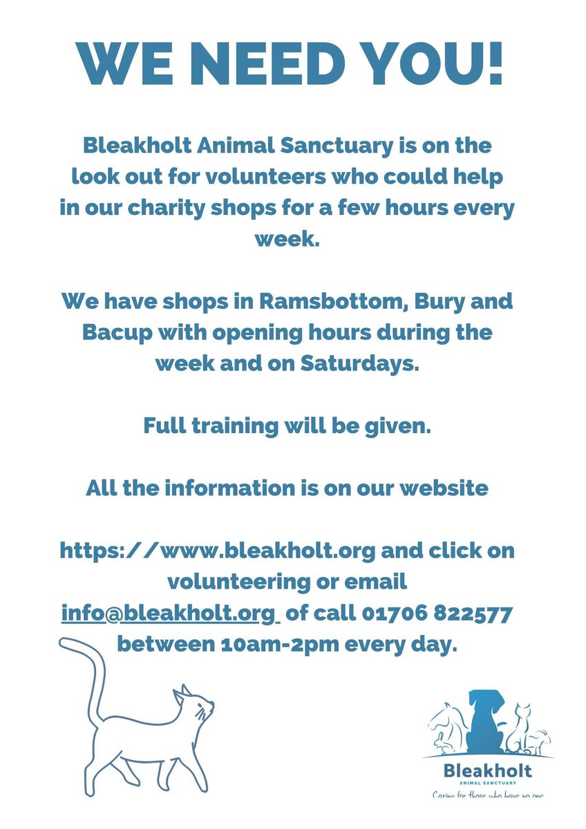 Charity Shop Volunteers needed! A great way to help our animals! 🐕‍🦺🐈‍⬛🐴🐖🐐🐇❤️ @BleakholtF @RVRcommunity @thisisrammysite @VisitRamsbottom @thebestofbury #yourcommunity @yourlocalbury @visit_bury @BuryTimes