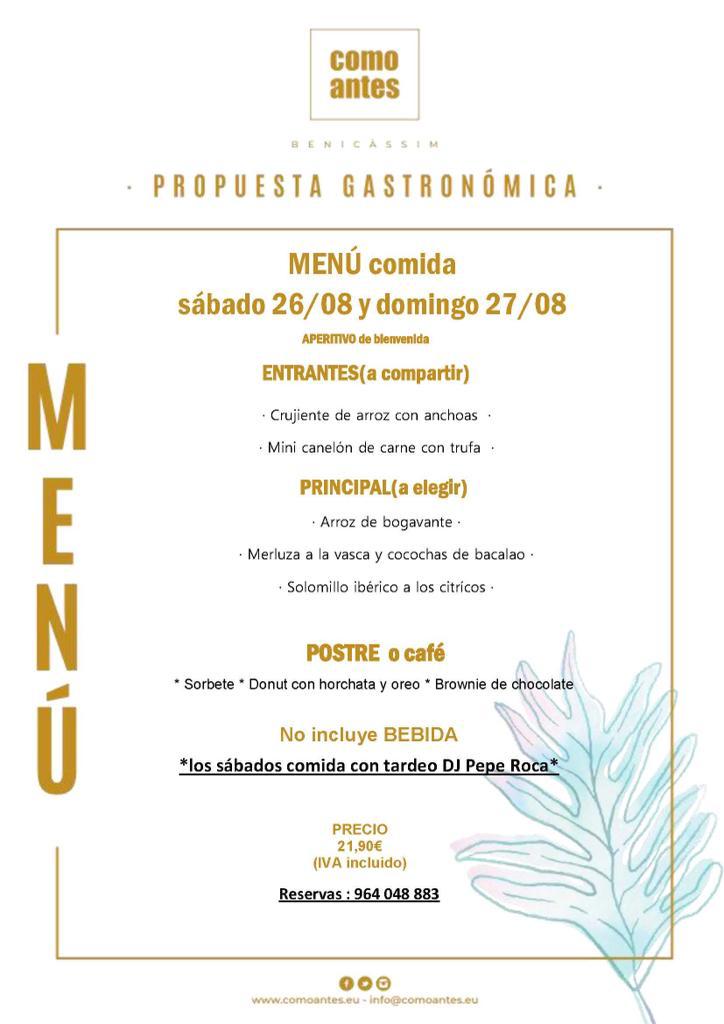 comoantes's tweet photo. 𝙘𝙤𝙢𝙤 𝙖𝙣𝙩𝙚𝙨 𝘽𝙚𝙣𝙞𝙘𝙖𝙨𝙞𝙢
ABIERTOS DE JUEVES A DOMINGO
Menús: 
��𝙐𝙀𝙑𝙀𝙎 𝙮 𝙑𝙄𝙀𝙍𝙉𝙀𝙎 𝟭𝟱€
𝙎𝘼́𝘽𝘼𝘿𝙊 𝙮 𝘿𝙊𝙈𝙄𝙉𝙂𝙊 𝟮𝟭,𝟵𝟬€
𝙍𝙀𝙎𝙀𝙍𝙑𝘼𝙎 964 04 88 83
 Av. Gimeno Tomás, s/n #Benicassim, Castelló
#menu
#restaurante #comoantes 
#Benicasim https://t.co/C3PgvzLSTZ