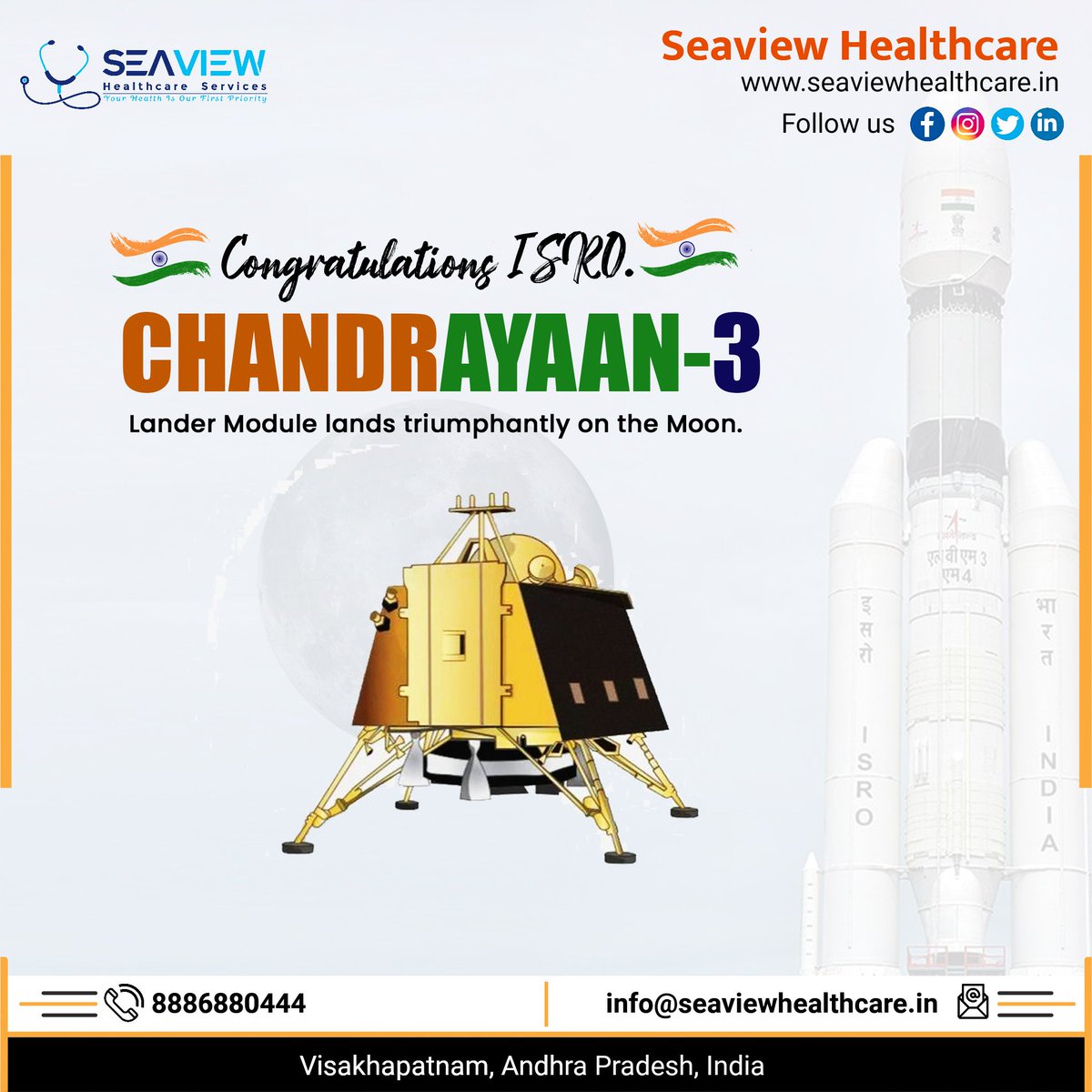 Seaview Healthcare (@seaviewhealth) on Twitter photo Chandrayaan-3 Mission:
'India🇮🇳,
I reached my destination
and you too!'
: Chandrayaan-3
Chandrayaan-3 has successfully
soft-landed on the moon 🌖!.
Congratulations, India🇮🇳!
#Chandrayaan3 #Ch3 #isro #india
.
Follow us <a href="/SeaviewHealth/">Seaview Healthcare</a> Chandrayaan-3 Mission:
'India🇮🇳,
I reached my destination
and you too!'
: Chandrayaan-3
Chandrayaan-3 has successfully
soft-landed on the moon 🌖!.
Congratulations, India🇮🇳!
#Chandrayaan3 #Ch3 #isro #india
.
Follow us <a href="/SeaviewHealth/">Seaview Healthcare</a>