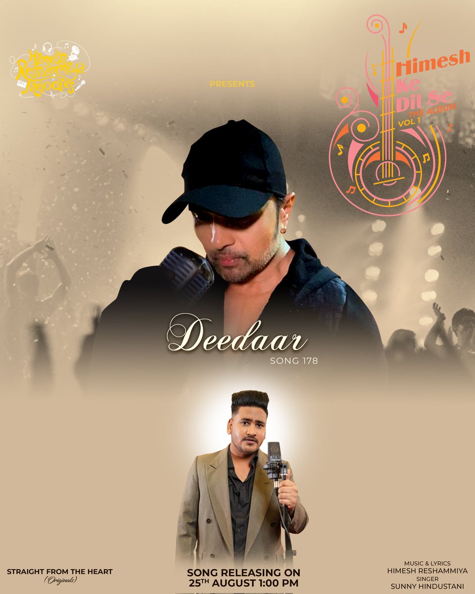 HimeshMelodies's tweet photo. Our next song #Deedaar composed and written by Himesh Reshammiya and sung by Sunny Hindustani will be out tomorrow at 1:00 PM ❤️
#HimeshReshammiya #SunnyHindustani #HimeshKeDilSe #HimeshReshammiyaMelodies https://t.co/AjNL0nQtOt