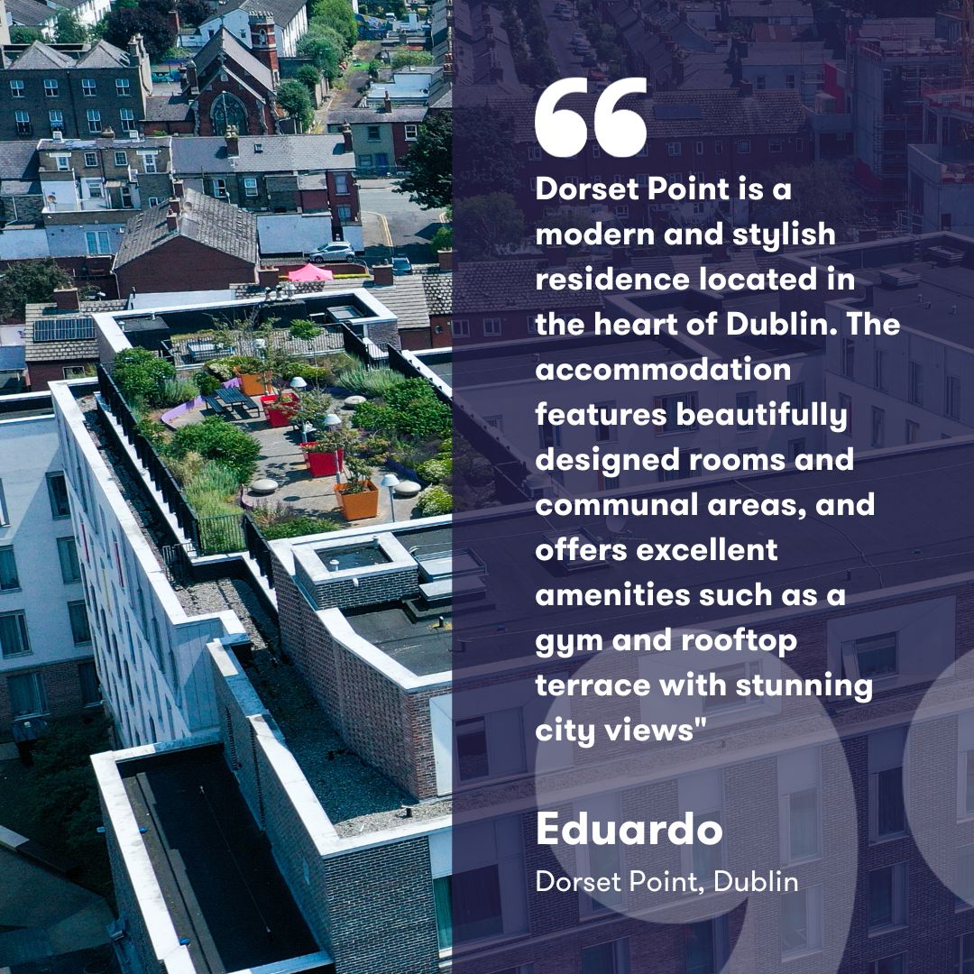 Testimonial Thursday! Thanks, Eduardo! 🫶🏼

We are very fond of our rooftop, which offers a great view of Dublin and has stunning plants. 🪴

Dorset Point offers several amenities for any resident to use!

#apartofyourstory #apartofdorsetpoint #studentliving