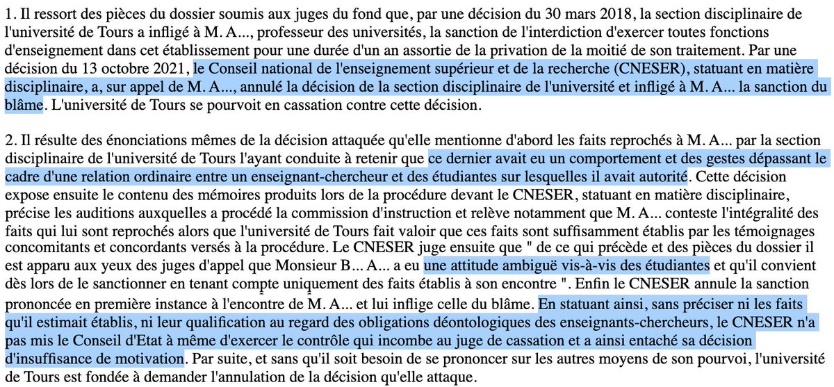 Déontologie universitaire & VSS : Le @Conseil_Etat annule la décision du #CNESER qui a réduit la sanction infligée à un professeur des Universités.

Sans motivation suffisante, seul un blâme a sanctionné 'une attitude ambiguë vis-à-vis des étudiantes'.

=> bit.ly/44ooqY4