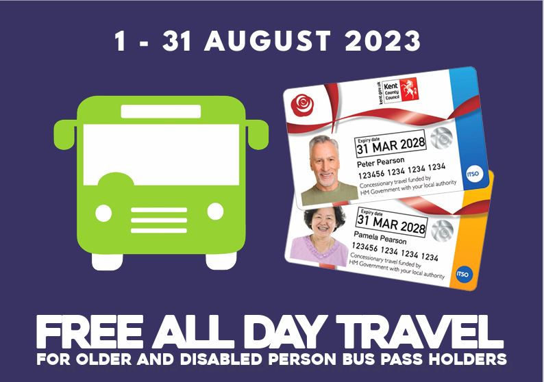 Free all-day travel for older and disabled person bus pass holders from 1-31 August 2023🚍 Throughout August bus passes for older and disabled persons will be accepted for travel in Medway and Kent before 9:30am and can travel for free up to 11pm at night orlo.uk/19HxU