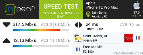 Dmjd974's tweet photo. ↓317507 kb/s ↑12132 kb/s, ⇄ 24 ms / Mobile:Free Mobile / #iPhone12ProMax / #nPerf v2.13.2 / https://t.co/BWFTZ1YmT6