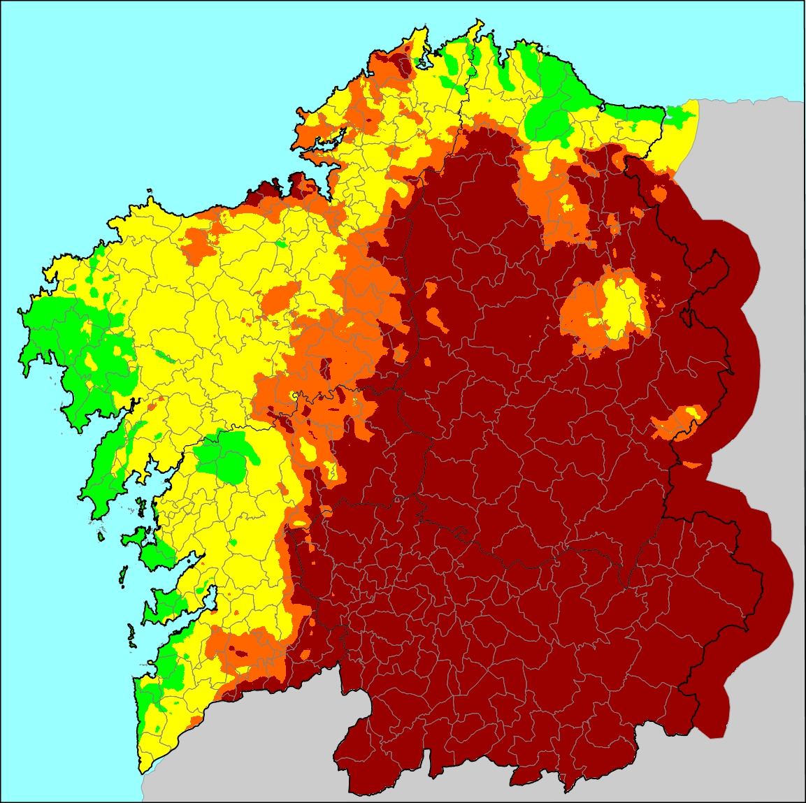 EA1HLH's tweet photo. Riesgo de incendio: 🔴
🔥 O mapa de riesgo de incendio forestal de hoxe establece para a maior parte de #Galicia como nivel máximo: EXTREMO

☎ Recorda, se ves lume, chama ó 0⃣8⃣5⃣

#Coruña #Lugo #Ourense #Pontevedra #IRDI #MedioRural #IncendiosForestales #IIFF https://t.co/c1ljl7mMxY