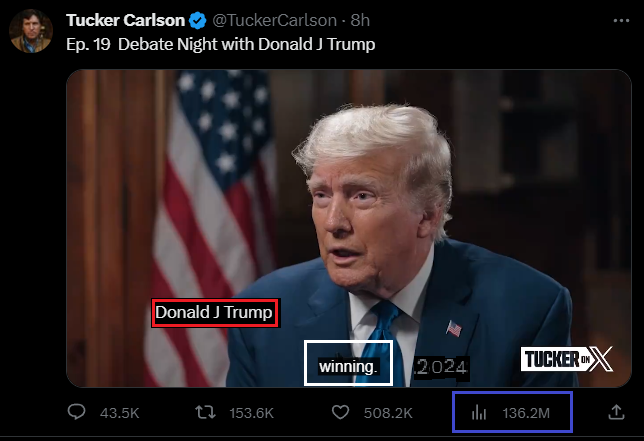 NOLA_DnB's tweet photo. @TuckerCarlson This has to be the record number of views online in such a short period of time.

#cheersElon for X remaining stable through the record breaking traffic!

#Trump2024 https://t.co/A4APtTjvI2