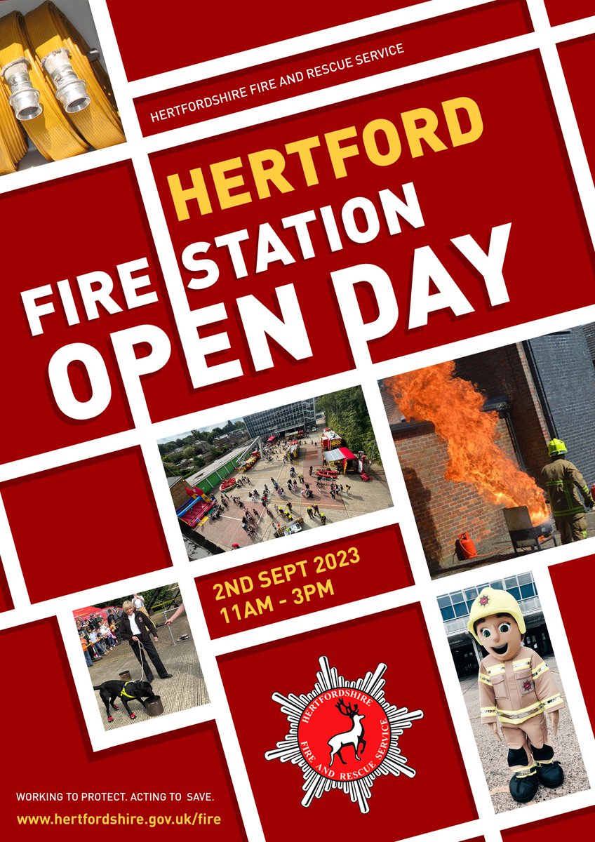 Come along to Hertford Fire Station Open Day on
Saturday 2nd September 11am until 3pm.
Lots of fun activities going on, come and meet your local crew! 
<a href="/HFRS/">Herts Fire & Rescue</a>_Gibbons 
@HFRS 
<a href="/HertfordFireStn/">Hertford Fire Station</a> 
🚒🚒🚒👨🏾‍🚒👨🏾‍🚒👨🏾‍🚒