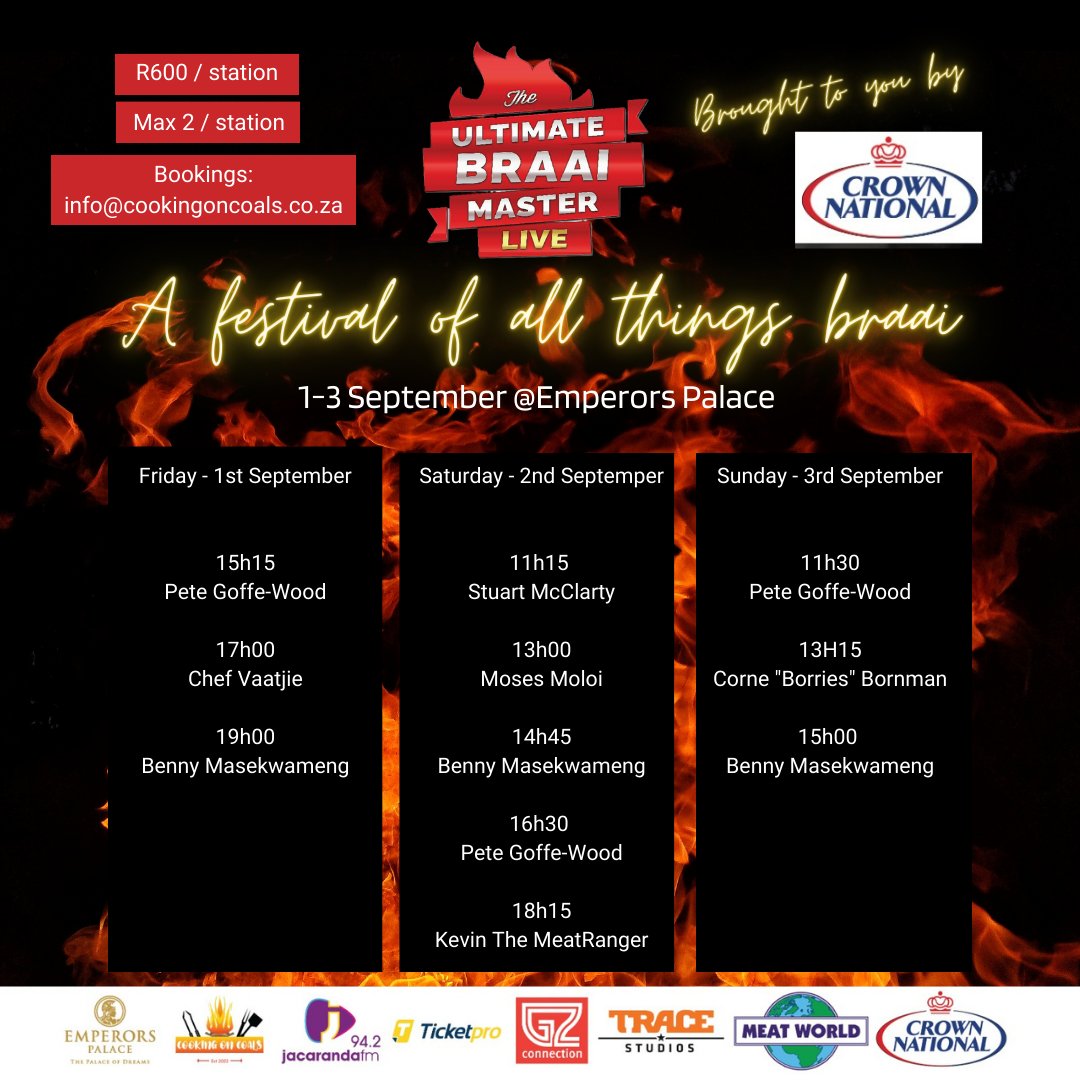 UltimateBraaiMaster (@ultimatebraai) on Twitter photo We are excited to have <a href="/crownational/">Crown National</a> on board as sponsor for The #UBMLive Festival's Exclusive Masterclass Workshops!
🔥 Only 20 people per class. Everything you need for the masterclass will be provided.
🔥 BOOKINGS: info@cookingoncoals.co.za or go to cookingoncoals.co.za/product/master… We are excited to have <a href="/crownational/">Crown National</a> on board as sponsor for The #UBMLive Festival's Exclusive Masterclass Workshops!
🔥 Only 20 people per class. Everything you need for the masterclass will be provided.
🔥 BOOKINGS: info@cookingoncoals.co.za or go to cookingoncoals.co.za/product/master…