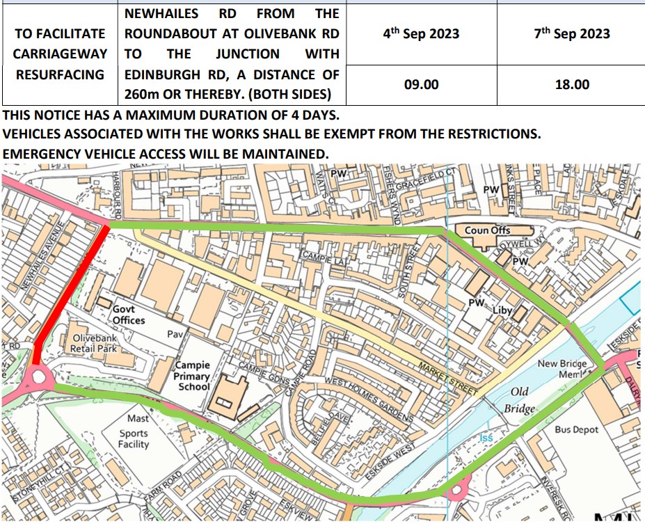 Advance notice of temporary closure of Newhailes Road, #Musselburgh for road resurfacing works on Edinburgh Road, Monday 4 Sept - Thurs 7 Sept between 9am-6pm. Local access for Lidl and the DVSA centre etc will be maintained from the roundabout at Newhailes Rd/Olivebank Rd.