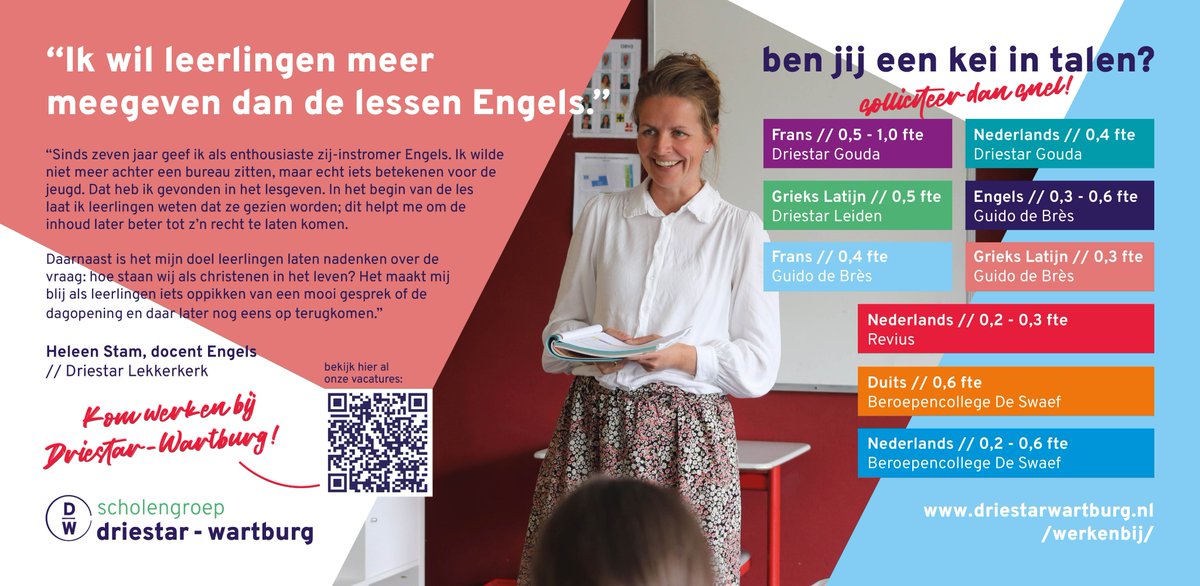 Sinds zeven jaar geeft Heleen Stam als enthousiaste zij-instromer Engels op Driestar Lekkerkerk.   Lijkt het jou ook mooi om leerlingen te helpen groeien en hen toe te rusten? Solliciteer dan snel via werkenbij.driestarwartburg.nl/vacatures.  #vacatures #jobs #jobalert #jobsearch #werken