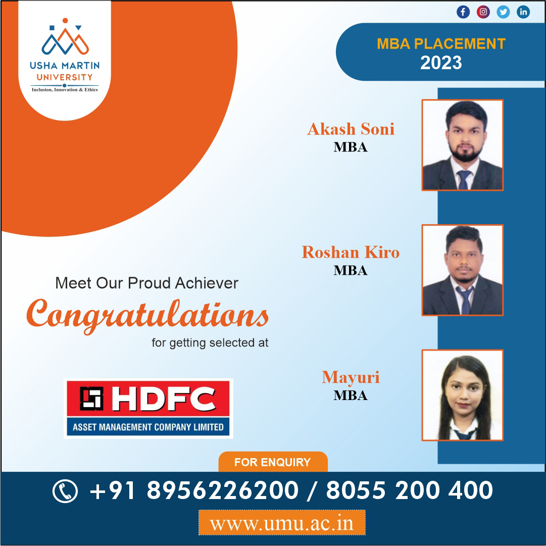 UshaMartinUnv's tweet image. Akash Soni, Mayuri, and Roshan Kiro of Usha Martin University&apos;s MBA program were successfully placed in HDFC AMC Ltd.
#ushamartinuniversity #umuplacement #mbaprogrammes #topuniversity #umujharkhand #mbaplacement #mbacollege #ranchi #ugcapproved #congrulations
