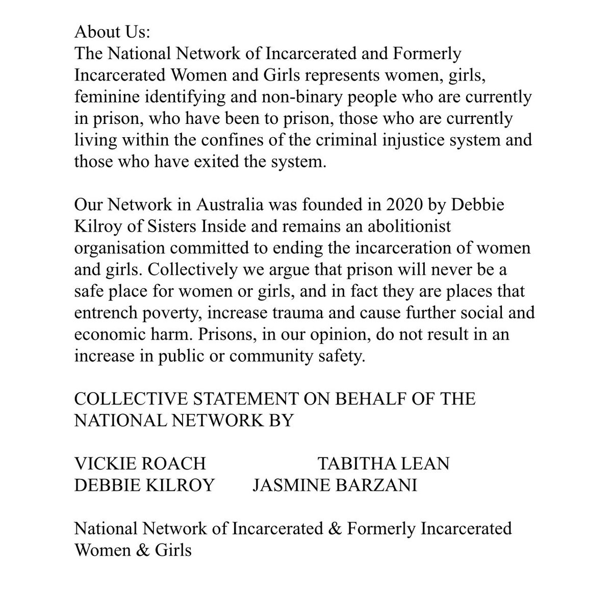 Debbie Kilroy #FreeHer (@debkilroy) on Twitter photo #Breaking
The National Network of Incarcerated and Formerly Incarcerated Women and Girls #mediarelease
URGENT CONDEMNATION: QUEENSLAND GOVERNMENT’S SUSPENSION OF HUMAN RIGHTS ACT TO TURN WATCH HOUSES INTO PRISONS
<a href="/abcnews/">ABC News</a> <a href="/edengillespie/">Eden Gillespie</a> <a href="/mattdennien/">Matt Dennien</a> #Breaking
The National Network of Incarcerated and Formerly Incarcerated Women and Girls #mediarelease
URGENT CONDEMNATION: QUEENSLAND GOVERNMENT’S SUSPENSION OF HUMAN RIGHTS ACT TO TURN WATCH HOUSES INTO PRISONS
<a href="/abcnews/">ABC News</a> <a href="/edengillespie/">Eden Gillespie</a> <a href="/mattdennien/">Matt Dennien</a>