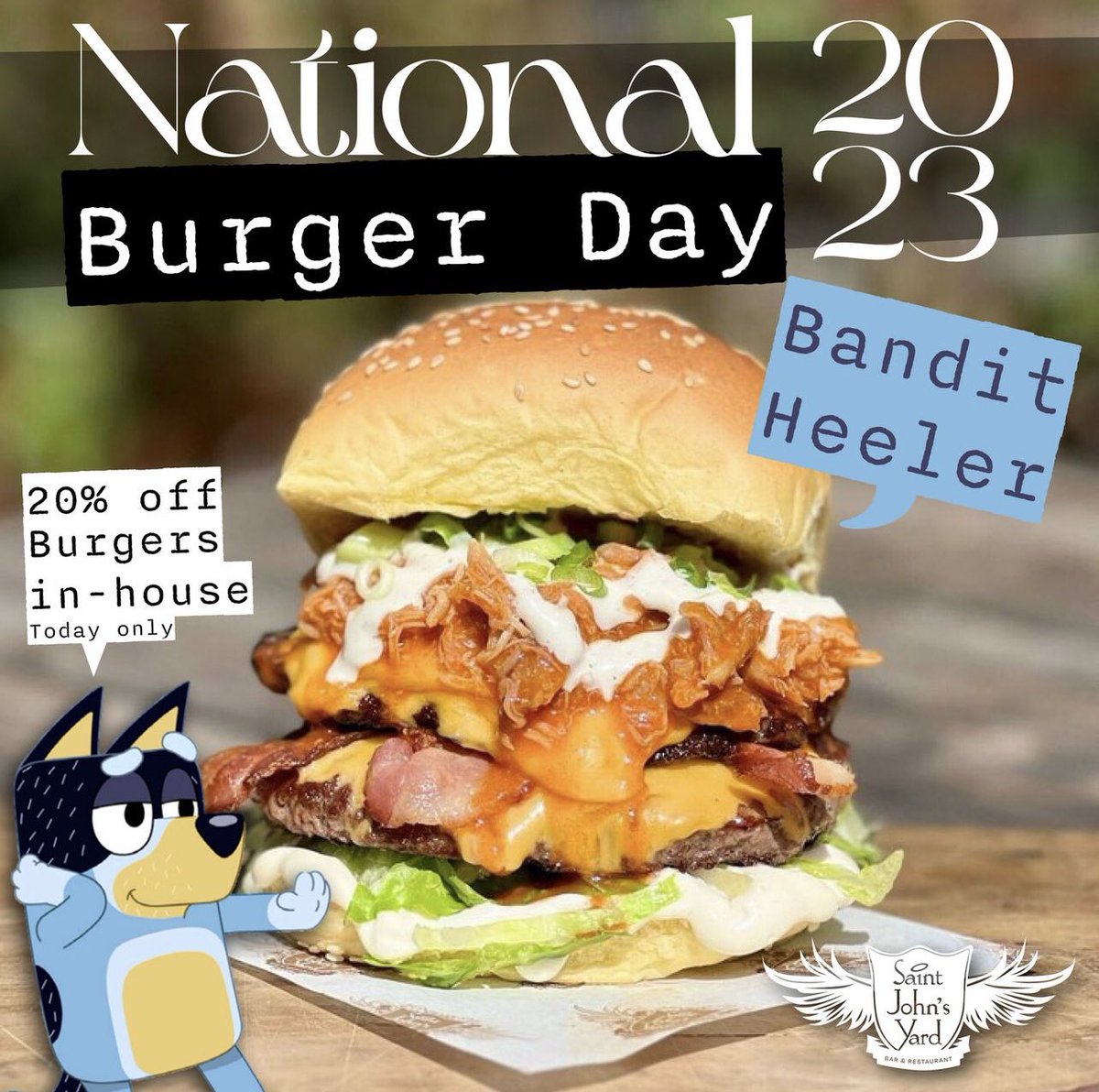 It's National Burger Day! 🍔
The Bandit Heeler! double beef patties, Louisiana sauce-soaked pulled chicken, blue cheese sauce, oak-smoked bacon, double American Cheese, spring onions, parmesan, lettuce, and garlic aioli AVAILABLE ONE DAY ONLY! + 20% OFF ALL BURGERS IN HOUSE today