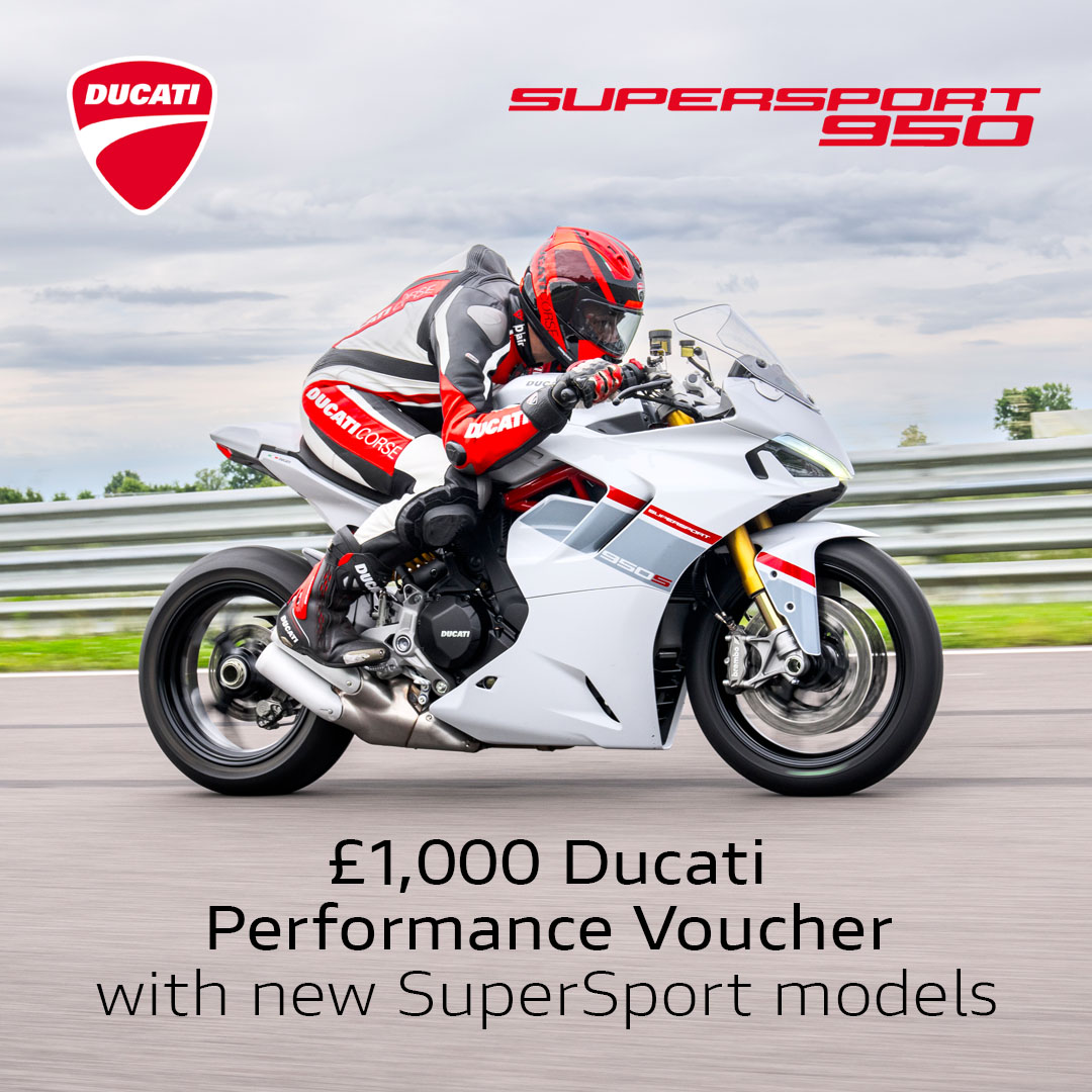 Purchase a new Ducati SuperSport model and get a £1,000 Ducati Performance Voucher to spend on genuine Accessories and / or Apparel. Valid until September 30th, terms & conditions apply. ridersfor.me/supersport_vou…