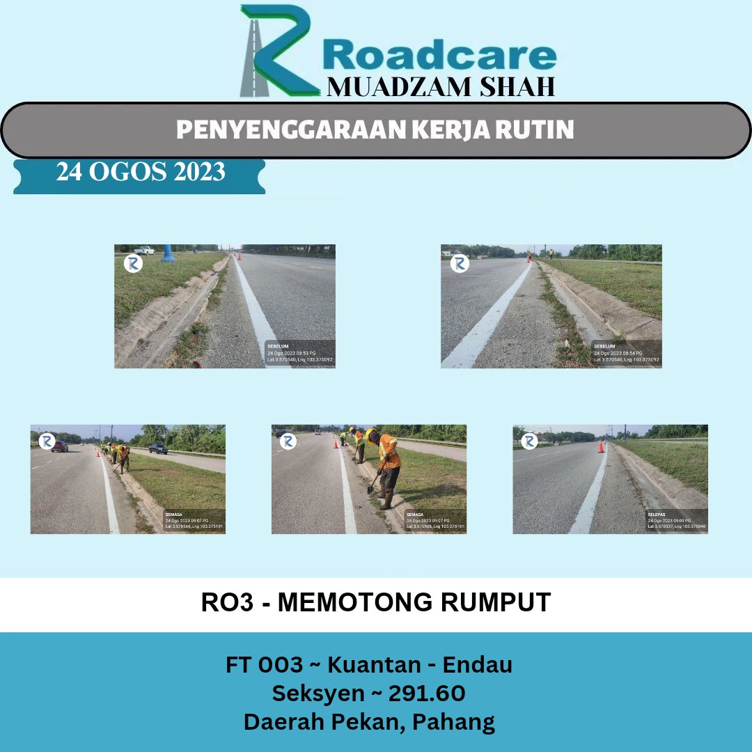 👷🏻‍♂️ #TeamRoadcareMuadzam 🚧
Penyenggaraan Kerja Rutin
R03 - MEMOTONG RUMPUT

24 OGOS 2023
FT 003 ~ Kuantan - Endau
Seksyen ~ 291.60
Daerah Pekan , Pahang

<a href="/IPJKR_Official/">JKR Malaysia Rasmi</a>
<a href="/JKRPAHANG/">JKR PAHANG</a>
<a href="/JKRPekan/">JKR PEKAN</a>
<a href="/Roadcare_Phg/">ROADCARE PAHANG</a>
<a href="/Roadcare_HQ/">ROADCARE (M) SDN BHD</a>