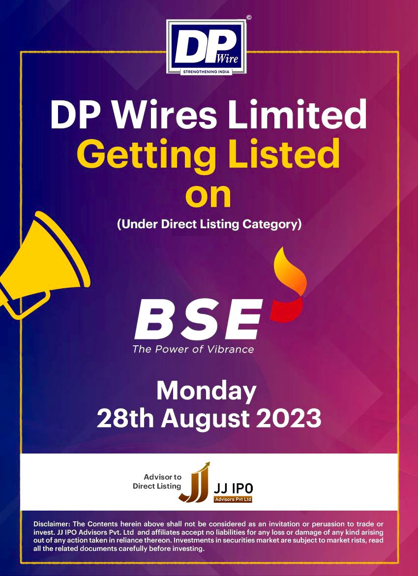 JJIPO_01's tweet photo. Mark your calendars: August 28, 2023 - the day DP Wires Limited takes the spotlight on the Bombay Stock Exchange (BSE) under the Direct Listing Category!
#DPWiresLimited #BSEListing #JJIPOAdvisors #DirectListing #StockMarketNews #GrowthOpportunity #FinancialSuccess https://t.co/mlpOdNgxNR