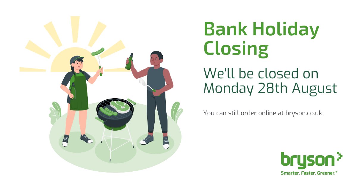 Brysonproducts's tweet photo. We're closed Monday 28th August for the Bank Holiday

Enjoy the sunshine safely. https://t.co/FSjijwXu6y