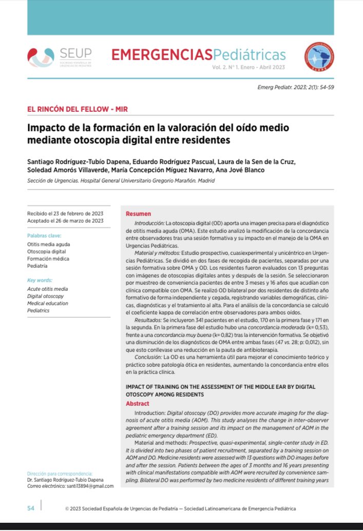 TSEUP's tweet photo. ❗️EL RINCÓN DEL FELLOW-MIR en #EmergenciasPediátricas

📖Impacto de la formación en la valoración del oído medio mediante otoscopia digital entre residentes

✍️Santiago Rodríguez-Tubío Dapen et al

👉Puedes acceder gratuitamente a este y otros artículos en https://t.co/sGU8dZzW8h https://t.co/VplhCtL0Ta