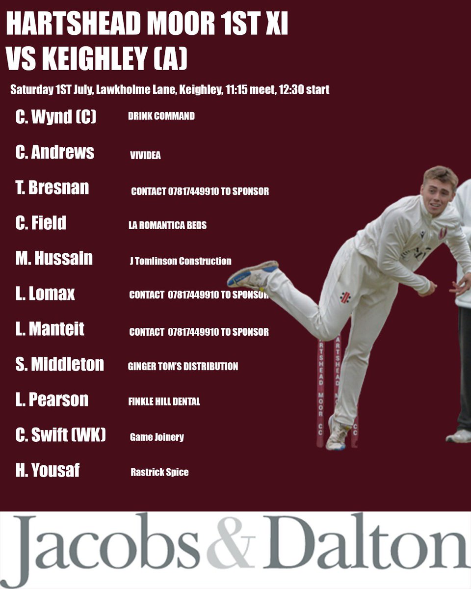 HartsheadMoorCC's tweet photo. This Saturdays line ups………. Please tag your sponsors lads!! All the best to both teams https://t.co/iE4AVH7dbi