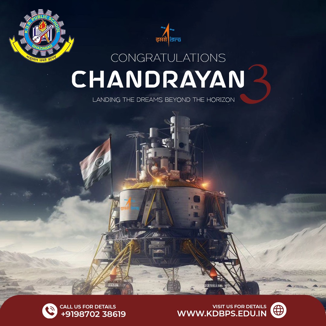 KdbSchool's tweet photo. As India creates history by being the first country to land in the South Pole of the Moon, Indians are jubilant to the stars and beyond. Salute to the entire team of @isro  , you people are real inspiration.

#isrochandrayaan3mission https://t.co/9UhKwbgxV0