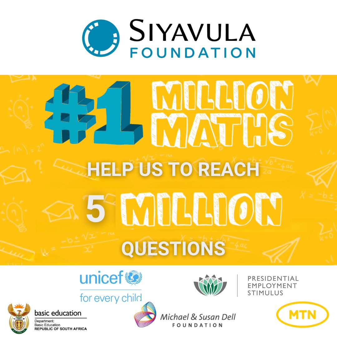 Siyavula's tweet photo. Help us blow our previous records out of the water - let's aim to reach 5 MILLION QUESTIONS in our #1MillionMaths campaign this September! @MTNza @UNICEF_ZA @DBE_SA

#Wecandoit #1MM #Siyavula #challengeaccepted #reachforthestars https://t.co/54vIyNoC3A