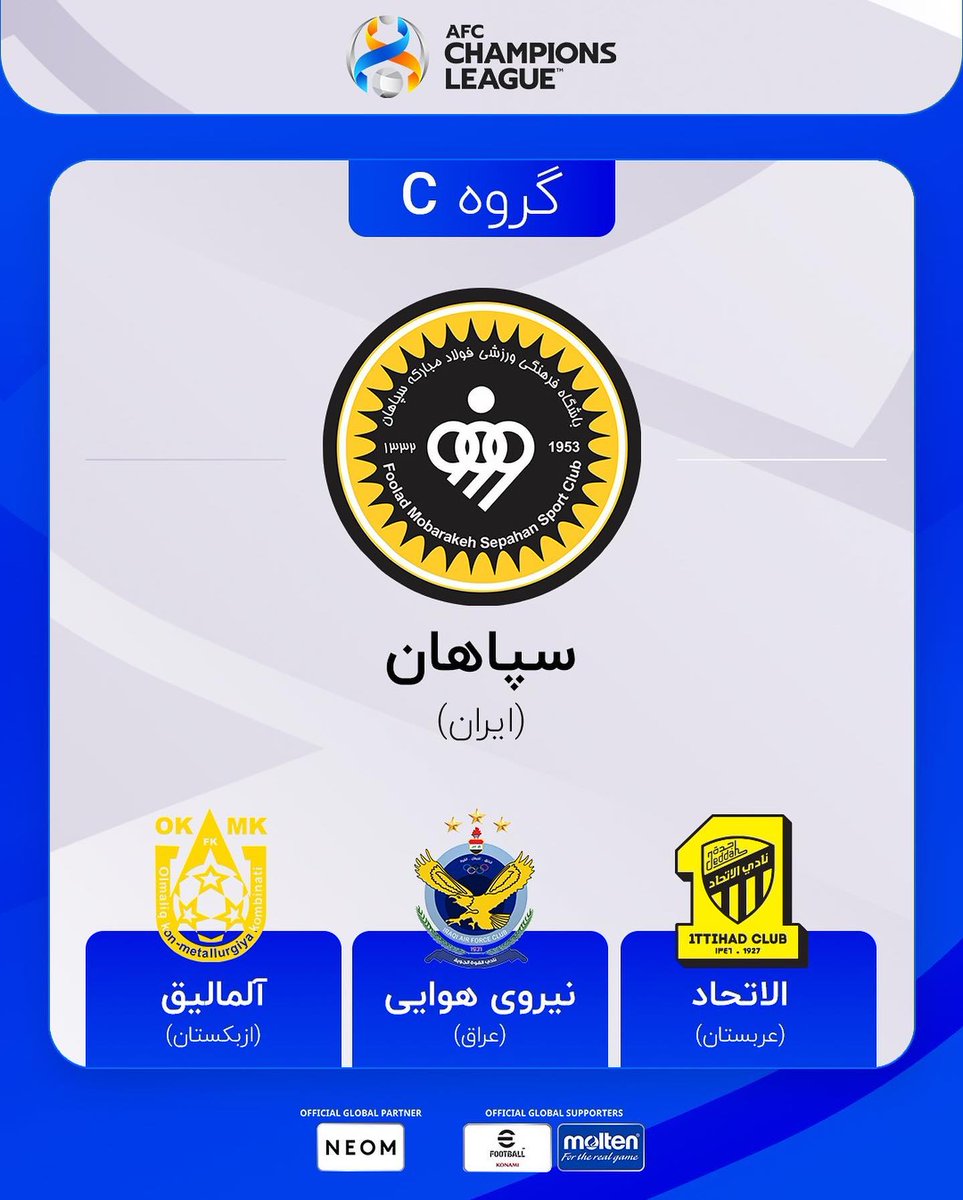 iranteammelli's tweet photo. #Iranians in 2023/24 #ACL
👉 #Sepahan in Group C: Al Ittihad (KSA); Air Force Club (IRQ); AGMK (UZB)
👉 #Nassaji #Mazandaran in Group D: Al Hilal (KSA); Mumbai City (India); Navbahor (UZB)
👉 #Persepolis in Group E: Al Duhail (QAT); Istiklol (TAJ); Al Nassr (KSA)
#Iran #ACLDraw https://t.co/9zx86L4vkS
