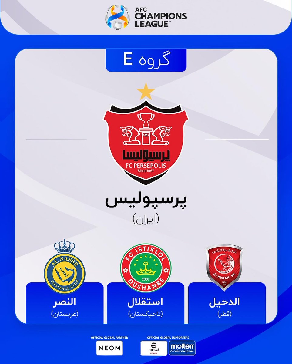 iranteammelli's tweet photo. #Iranians in 2023/24 #ACL
👉 #Sepahan in Group C: Al Ittihad (KSA); Air Force Club (IRQ); AGMK (UZB)
👉 #Nassaji #Mazandaran in Group D: Al Hilal (KSA); Mumbai City (India); Navbahor (UZB)
👉 #Persepolis in Group E: Al Duhail (QAT); Istiklol (TAJ); Al Nassr (KSA)
#Iran #ACLDraw https://t.co/9zx86L4vkS