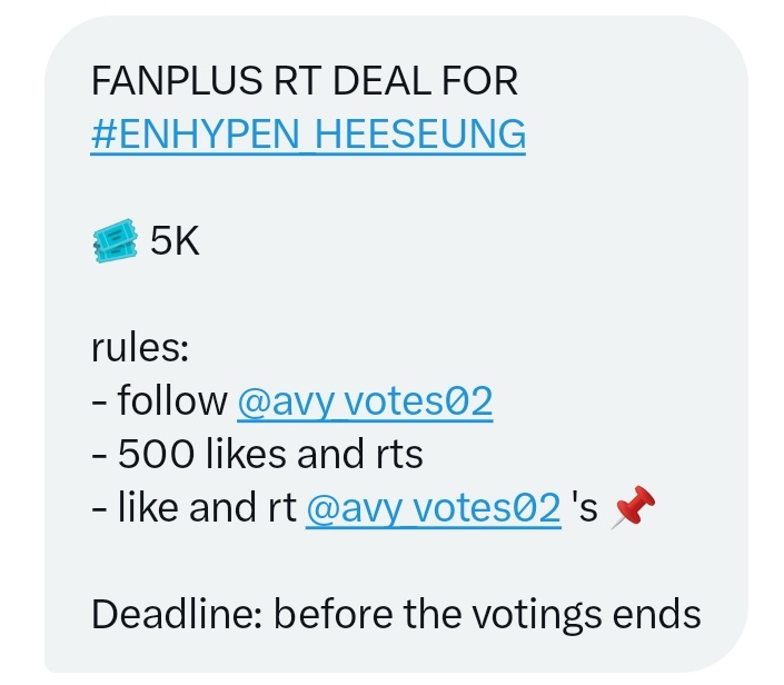 heesodear's tweet image. FANPLUS RT DEAL FOR #ENHYPEN_HEESEUNG 

🎟️ 5K

rules:
- follow @avy_votes02 
- 500 likes and rts 
- like and rt @avy_votes02 's 📌

Deadline: before the votings ends