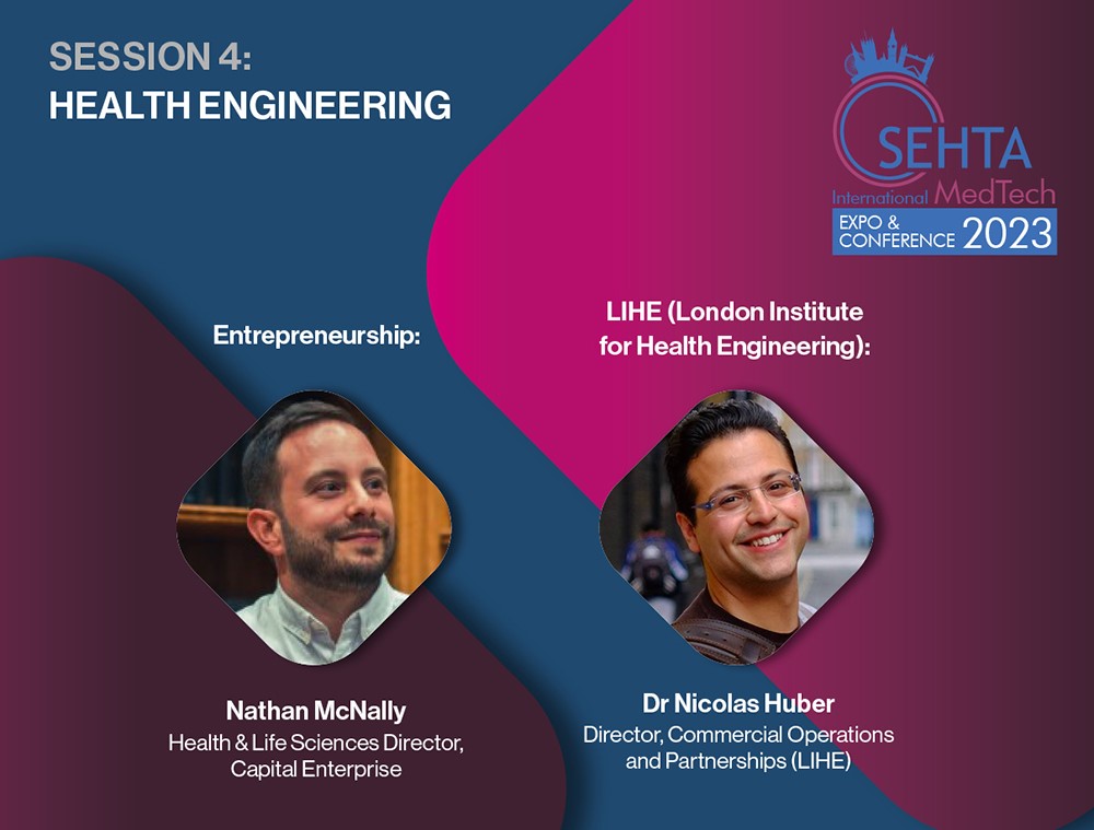 SEHTA_UK's tweet photo. Speaking for us at #SEHTA2023MedtechExpo Conference on #HealthEngineering are LIHE (@KingsCollegeLon) &amp; @capenterprise
Book today for the early-bird delegate rate before 31 Aug! #NHS #AHSN staff attend FOC 👉https://t.co/m8d2OGvo2f 
#SMEs #lifesciences #medtech #health #meddevice https://t.co/yTEMOwTxVx