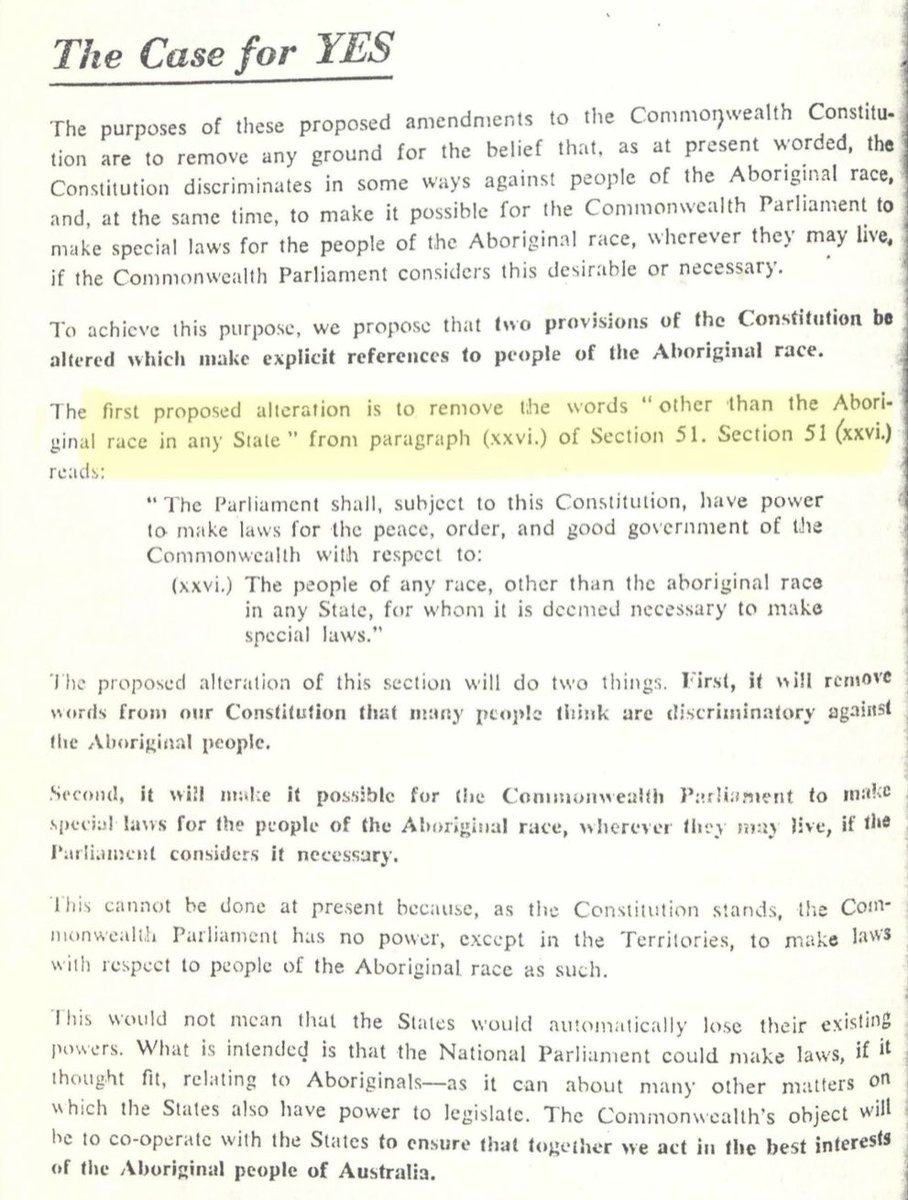 SydPedestrian's tweet photo. @ImSooooOverIt @BradClark666 @AntonyGreenElec That’s clearly false. 

The Referendum Booklet for the 1967 Referendums (linked below) made it explicitly clear (on pages 11 and 15) what change was proposed to s. 51(xxvi)

https://t.co/zWIPiutGGJ https://t.co/8cPbHupsZo