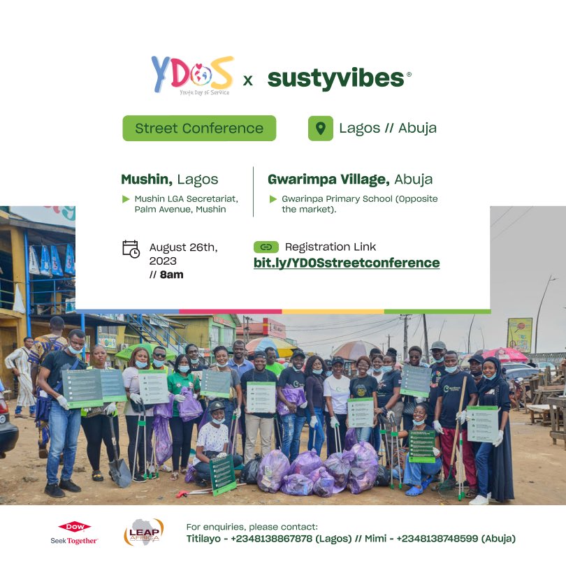 Join @SustyVibes X #YouthDayofService to clean up the streets in 📍Lagos and Abuja this Saturday. 

Click here 👉🏾 bit.ly/YDOSstreetconf… to volunteer and participate.