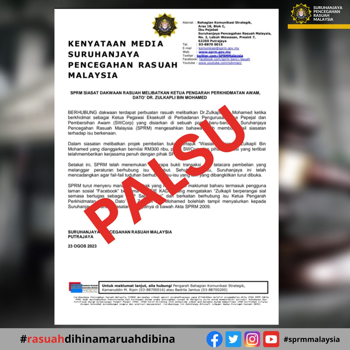 JaPenWPKL's tweet photo. SPRM NAFI mengeluarkan kenyataan media berhubung siasatan rasuah melibatkan Ketua Pengarah Perkhidmatan Awam (KPPA) bertarikh 23 Ogos 2023 seperti yg tular di media sosial

#FakeNews
#TolakBeritaPalsu
#TidakPastiJanganKongsi
#SemakSebelumSebar
#KLCeria 
@MCMC_RASMI @SPRMMalaysia https://t.co/7aoeZtvXxV