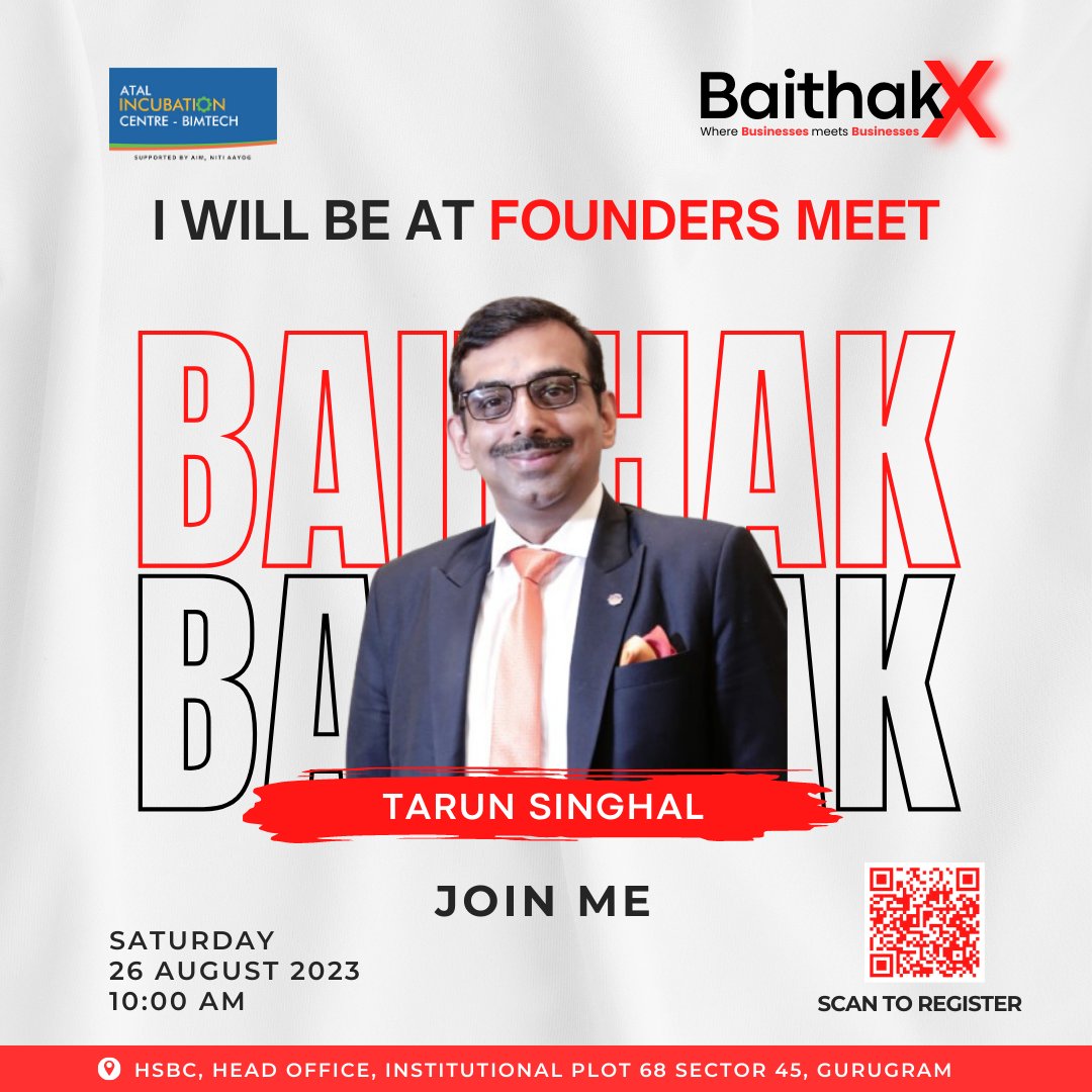 india_singhal's tweet photo. #chaipecharcha at #BaithakX by @aicbimtech in collaboration with @HSBC where Businesses meet Businesses 🤝

📅 Saturday, Aug 26th 2023 | 10:30 AM (IST)
📌 HSBC Head Office, Sector 45, Gurugram
🔗 Click here to register- https://t.co/GvLrEeo4aT

#AICBIMTECH #HSBC @bbgdelhi https://t.co/ehWySTvm2K